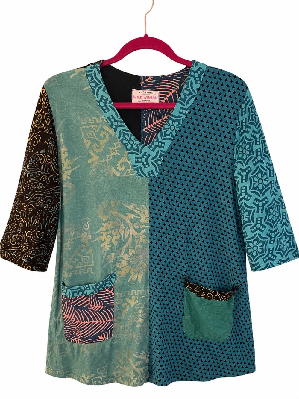 Teal Patchwork V-Neck Women's Top In Vibrant Patterns, size Medium.
